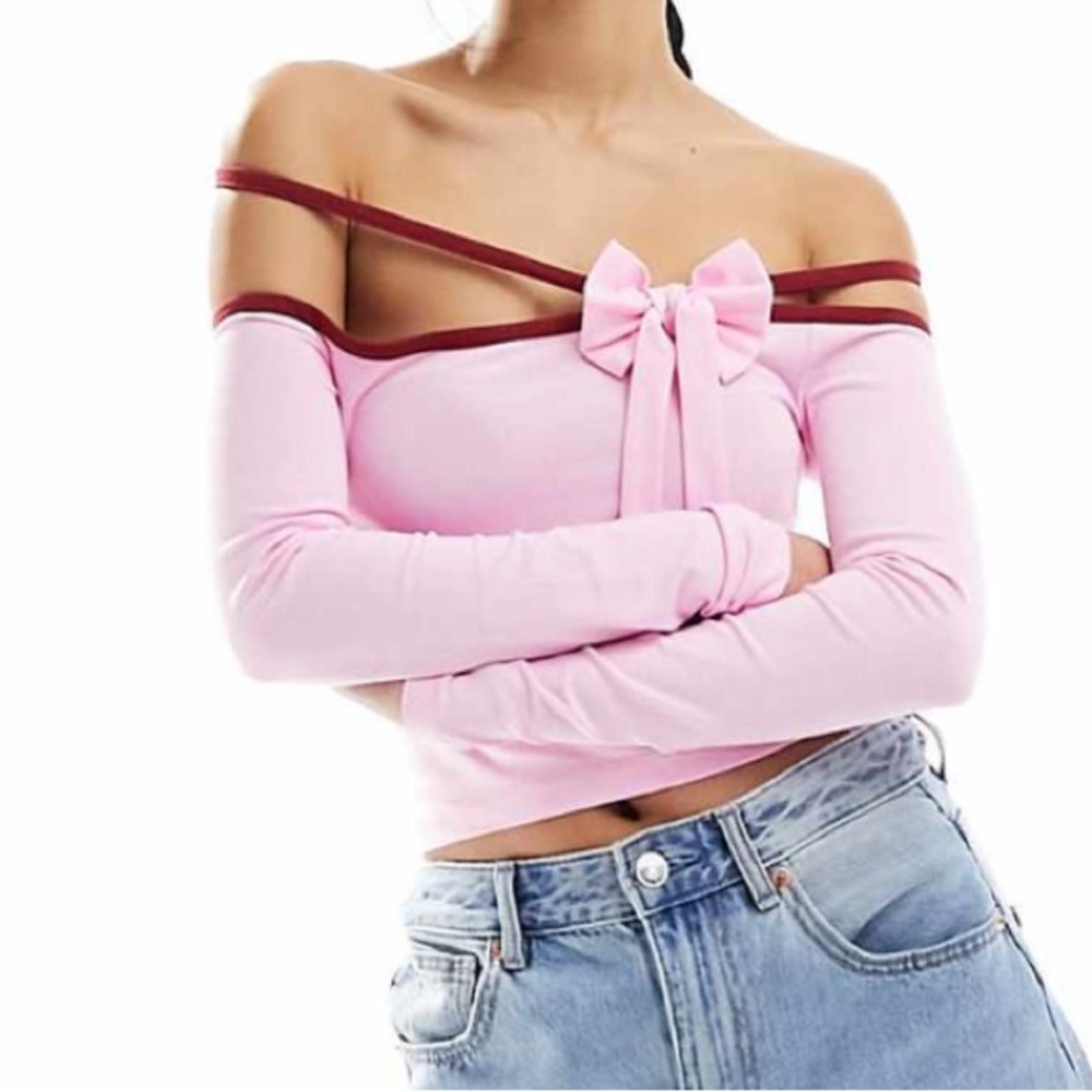 Pink Off-Shoulder Bow Top